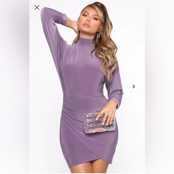 Class Act Purple Mini Dress - L - Stretchy Turtleneck Open Back Party Dress - Picture 4 of 13